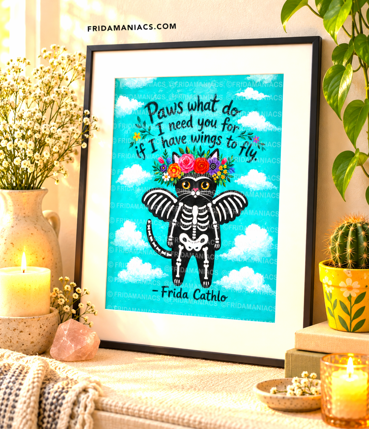 Black Cat Art Print: Whimsical Frida Cathlo™ Wall Decor (8.5 x 11 inch)