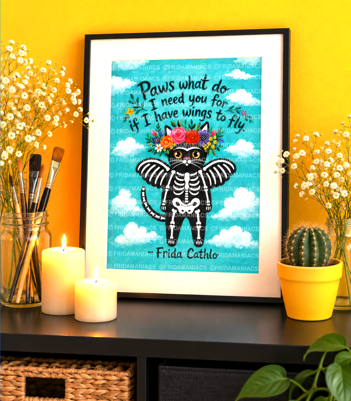 Black Cat Art Print: Whimsical Frida Cathlo™ Wall Decor (8.5 x 11 inch)