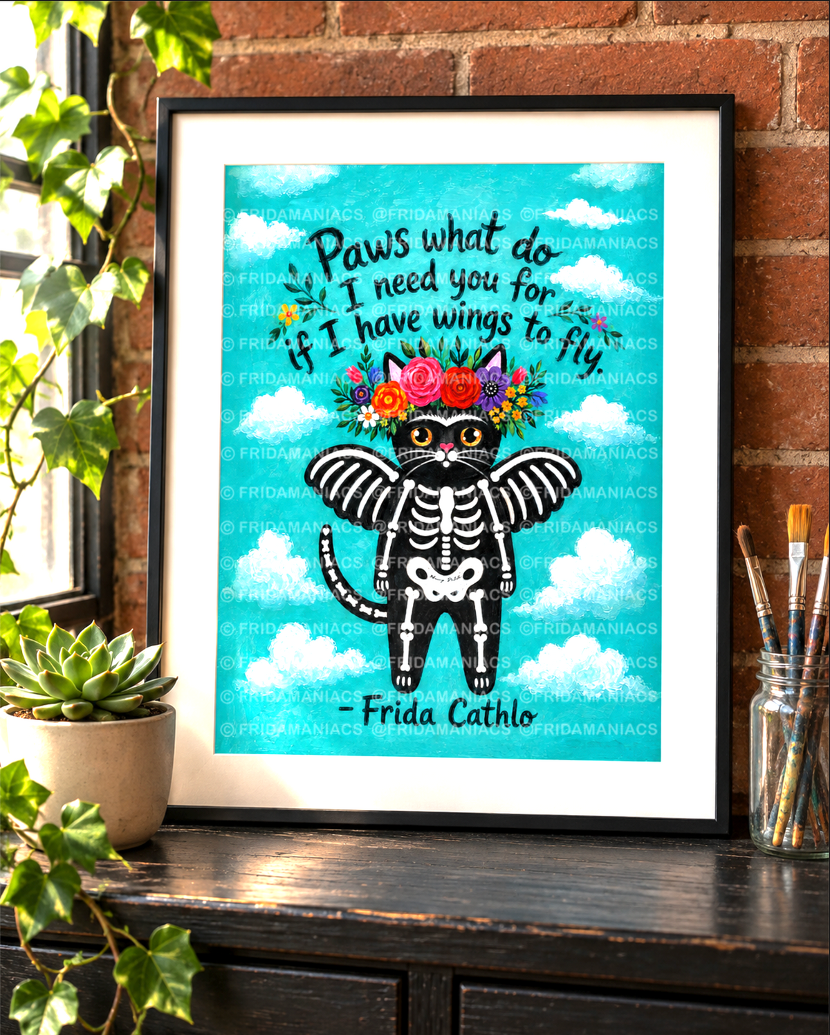 Black Cat Art Print: Whimsical Frida Cathlo™ Wall Decor (8.5 x 11 inch)