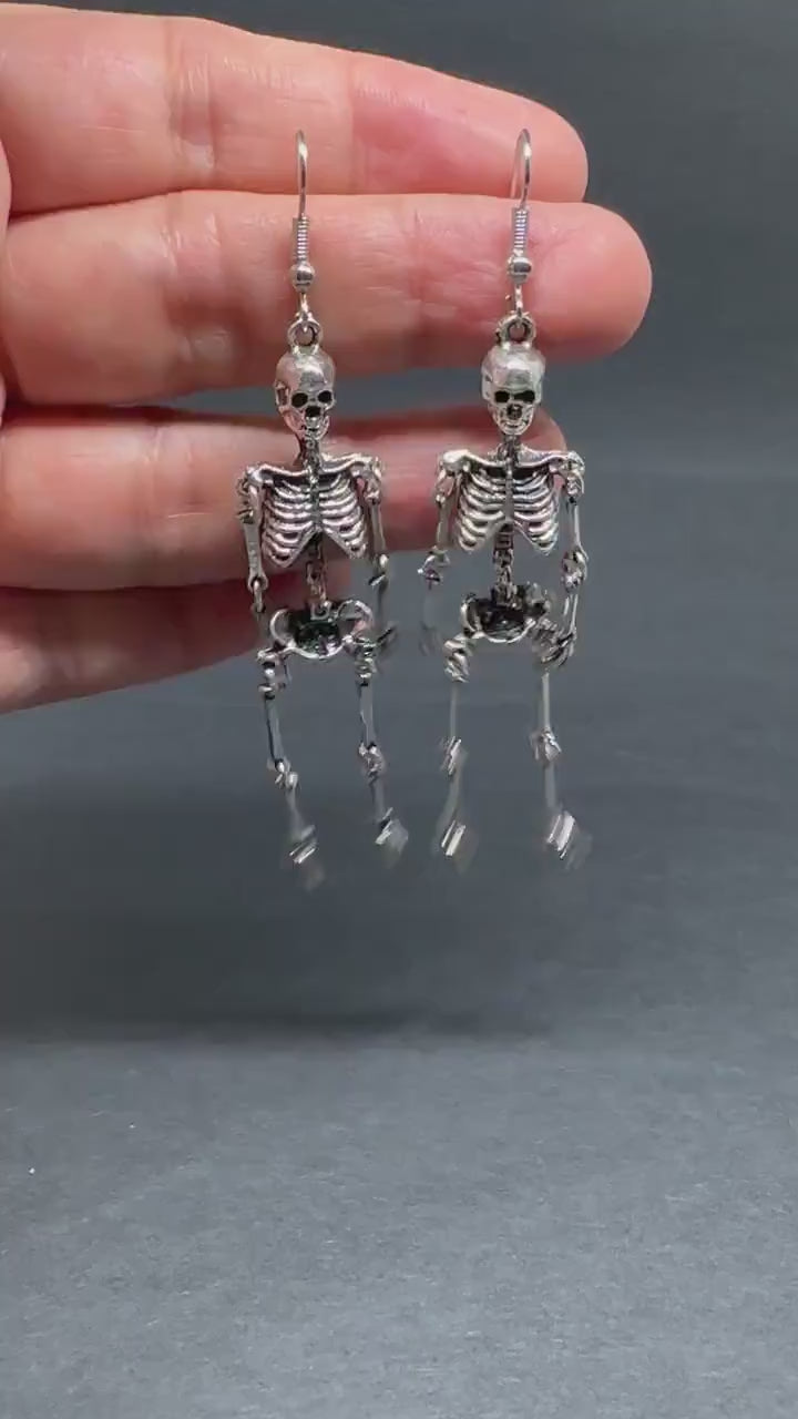 Articulated Skeleton Earrings Silver Metallic Finish Drop Dangle Skull Jewelry Halloween Day of the Dead Fashion Woman Girl Aretes Esqueleto
