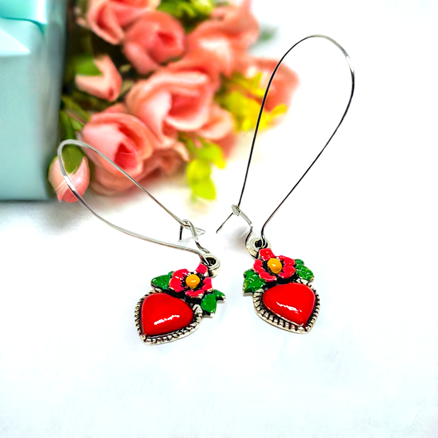 Red enamel heart earrings with long silver earwires. Mexican earrings. Mexican jewelry.