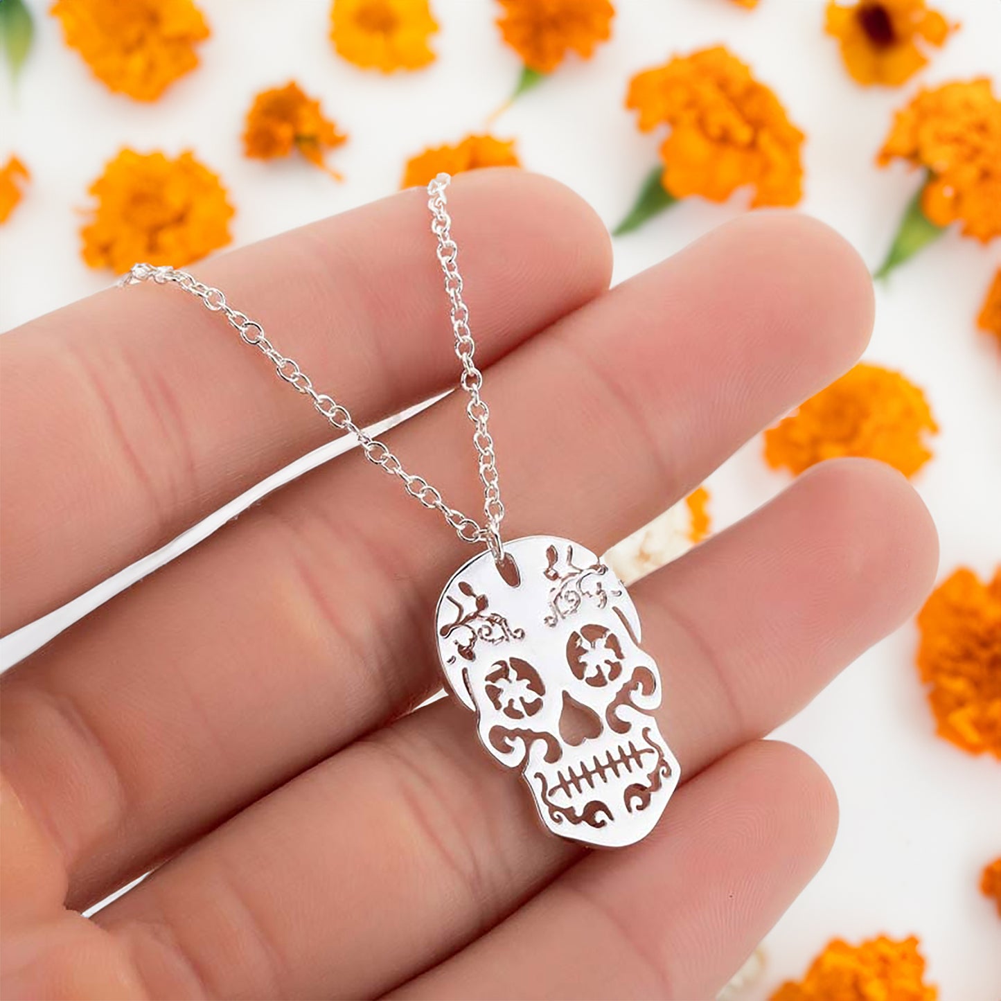 Sugar skull necklace pendant Mexican silver tone