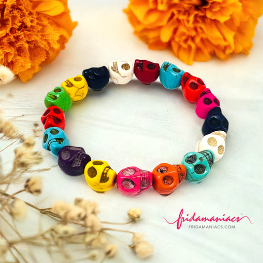 Multicolored Skull Beads Stretch Wristband Bracelet