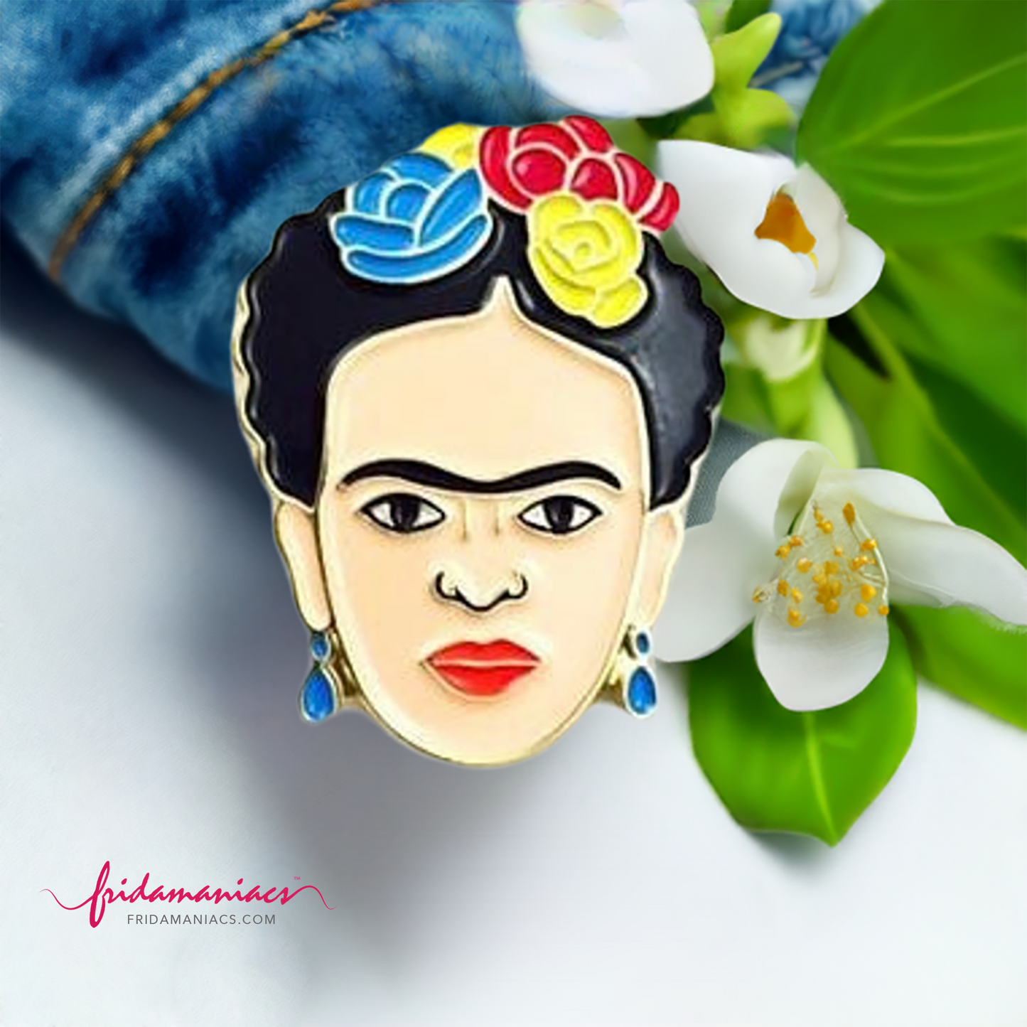 frida kahlo enamel pin with flowers. The best frida kahlo jewelry accessories for girls only at fridamaniacs.com