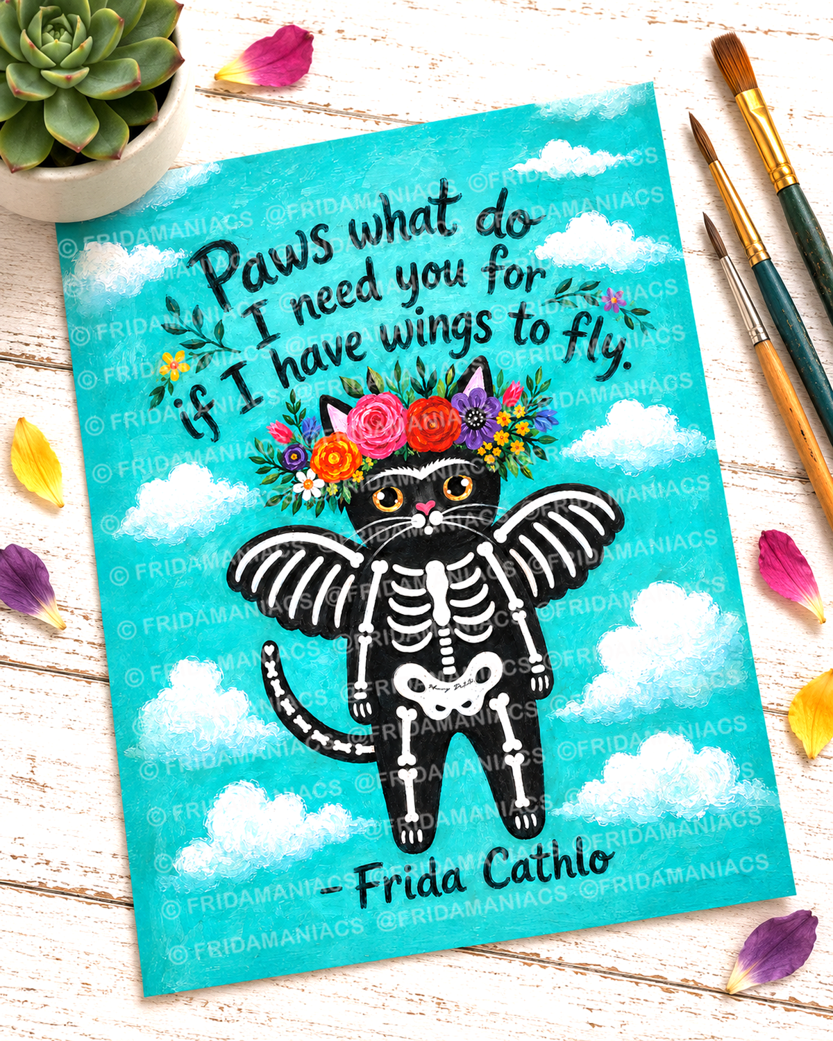 Black Cat Art Print: Whimsical Frida Cathlo™ Wall Decor (8.5 x 11 inch)