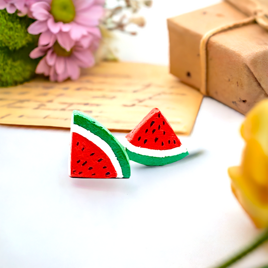 Watermelon Earrings. Clay watermelon stud earrings  painted by hand and made by hand. Mexican artisan clay jewelry. Mexican earrings. Mexican clay jewelry for women and girls. Summer fashion for girls. 
