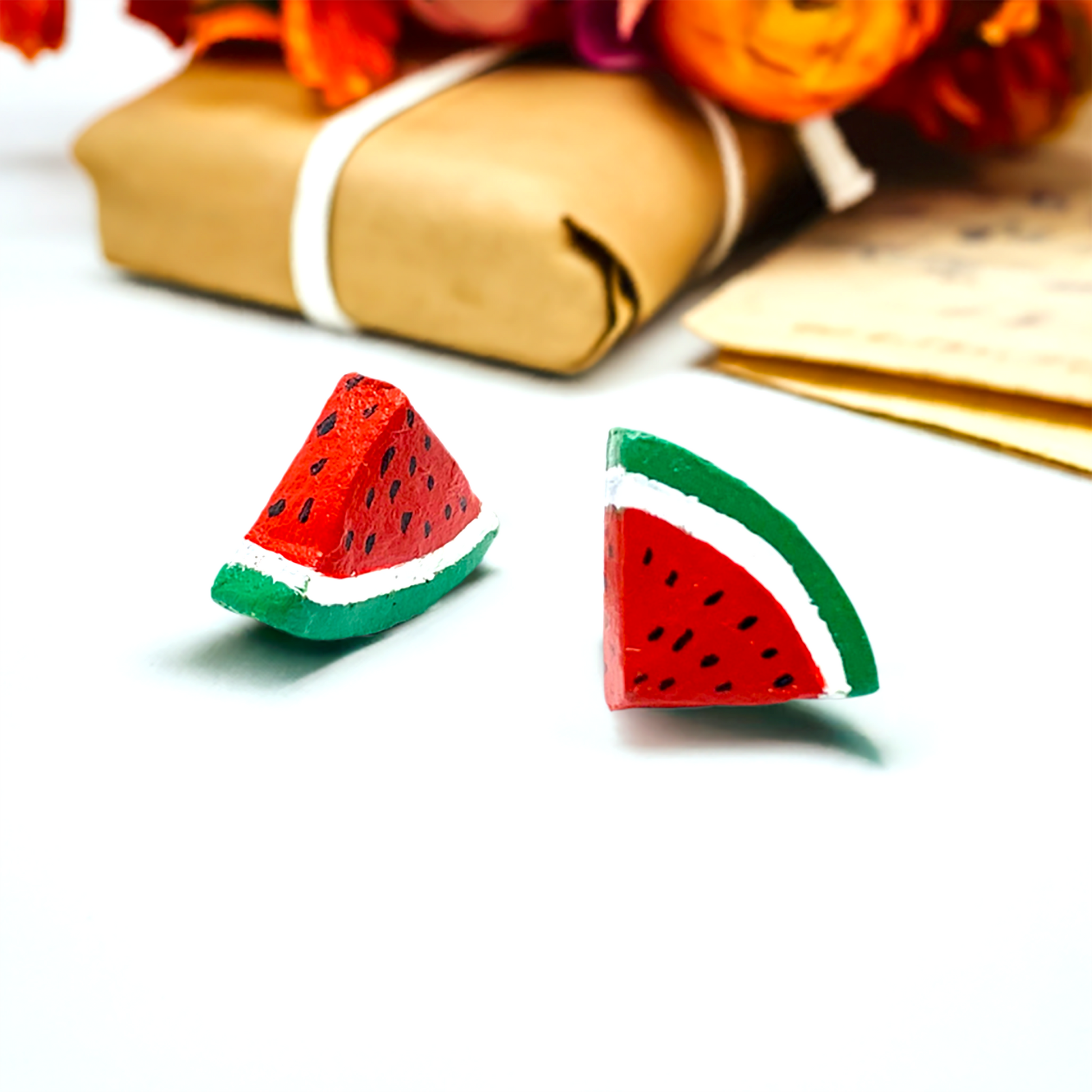 Watermelon Earrings. Clay watermelon stud earrings painted by hand and made by hand. Mexican artisan clay jewelry. Mexican earrings. Mexican clay jewelry for women and girls. Summer fashion for girls. 