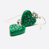 Carved Hand painted and handmade  heart cactus drop and dangle clay arrings. Mexican jewelry. Aretes de nopal en forma de corazon hechos y pintados a mano. Mexico folk art to wear. Food jewelry accessories by Fridamaniacs: Frida Kahlo inspired 