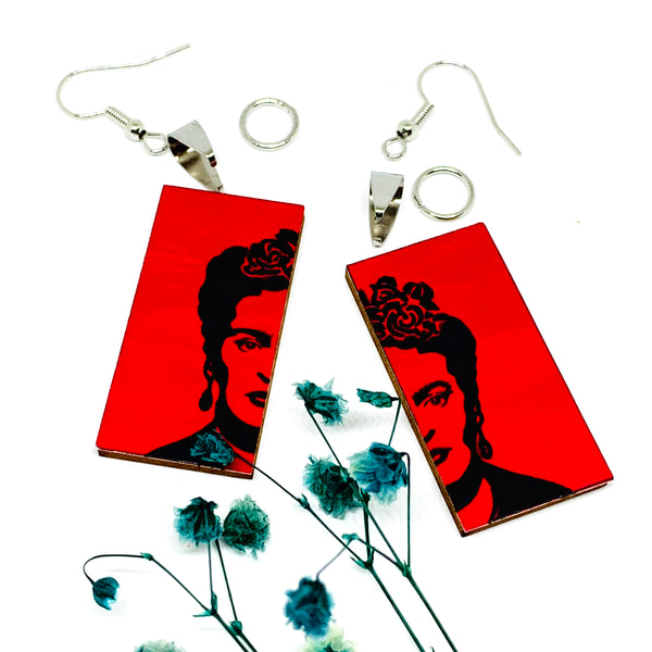 Frida Earrings: Frida Kahlo inspired earrings made of wood and hand painted. Stencil style art to wear. Red and Black. Trendy women and girls fashion. Mexican jewelry