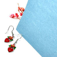 Hand painted heart and flower silver mexico earrings inspired by Frida Kahlo. Red heart, pink yellow and green acrylic paint