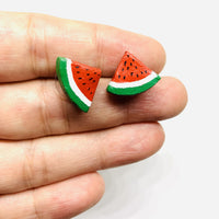 Watermelon Clay Earrings. Hand painted watermelon triangle stud earrings for girls and women. Made of natural clay. Mexican Jewelry inspired by Frida Kahlo by Fridamaniacs