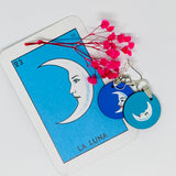 Moon Earrings: La Luna Aretes. La Loteria Mexican Jewelry. Indigo and baby Blue celestial accessories. Loteriart. Circle round dangle drop earrings for girls.