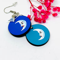 Moon Earrings: La Luna Aretes. La Loteria Mexican Jewelry. Indigo and baby Blue celestial accessories. Loteriart. Circle round dangle drop earrings for girls.