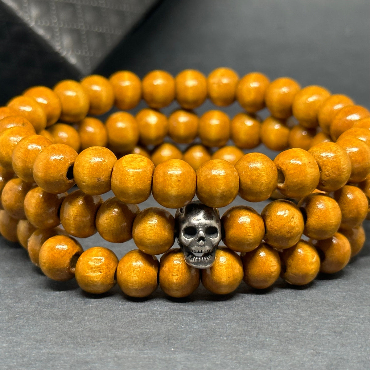 Multi Layer Wooden Bracelet Set Skull Fashion Jewelry Men Wristband Mix and Match Man Casual Outfit Natural Wood Beads Metallic Gothic Skull