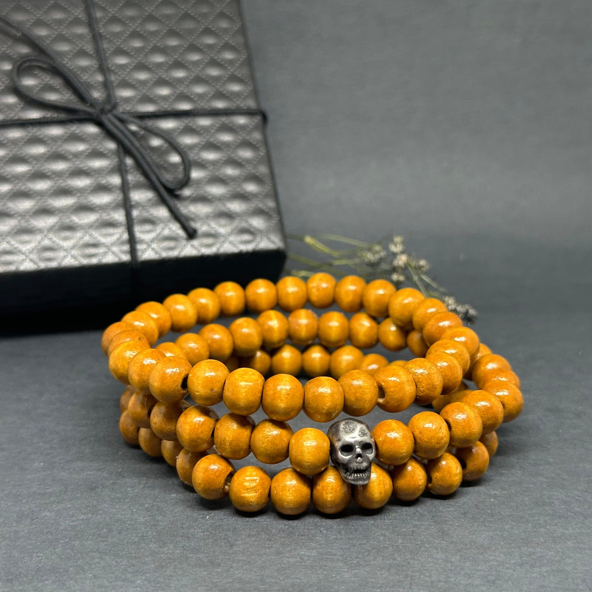 Multi Layer Wooden Bracelet Set Skull Fashion Jewelry Men Wristband Mix and Match Man Casual Outfit Natural Wood Beads Metallic Gothic Skull