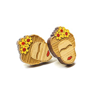 Frida Earrings: Hand painted bamboo wooden Frida Kahlo inspired stud earrings by Fridamaniacs for Fridalovers. Mexican jewelry. Girls Gift idea. Floral mini studs. 