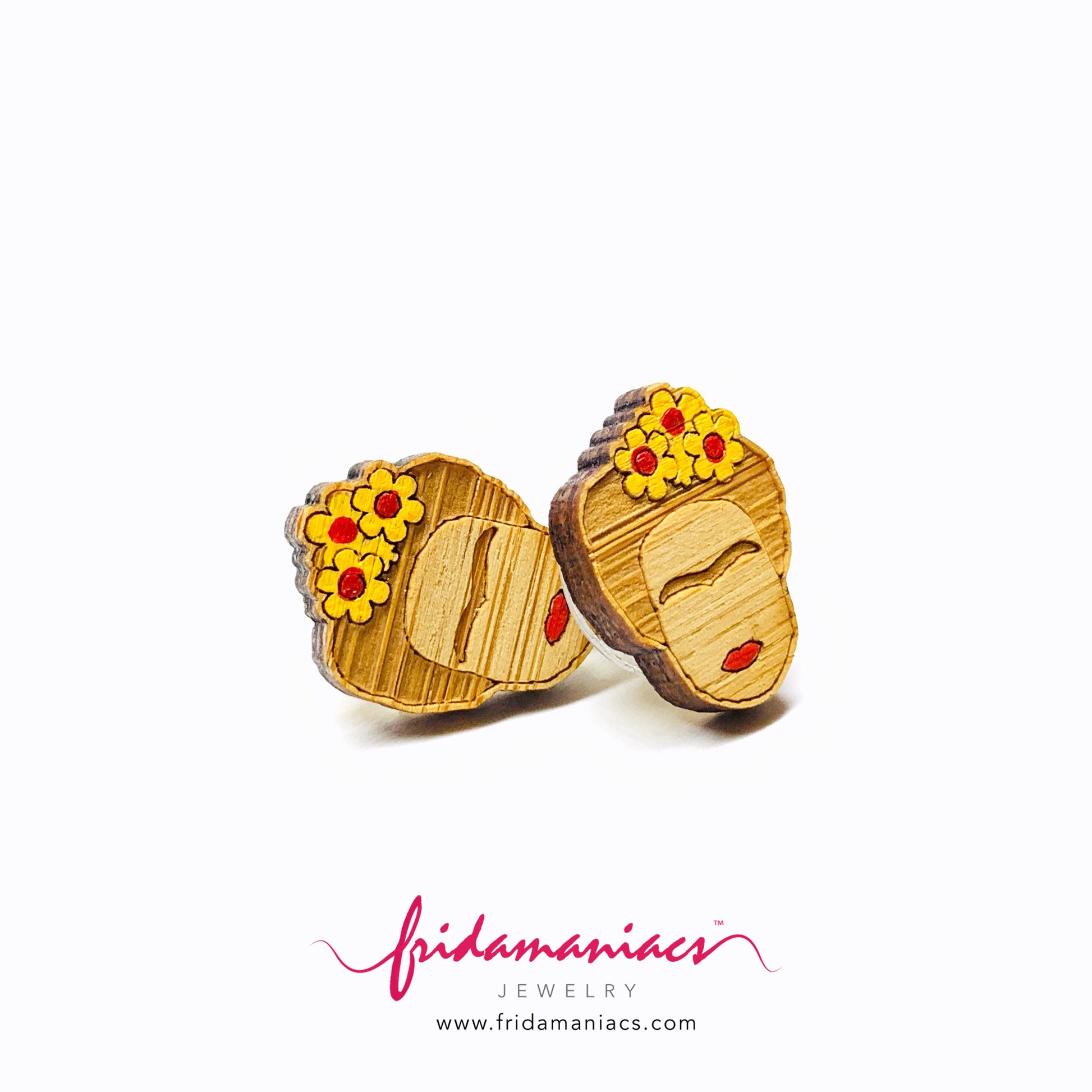 Frida Earrings: Hand painted bamboo wooden Frida Kahlo inspired stud earrings by Fridamaniacs for Fridalovers. Mexican jewelry. Girls Gift idea. Floral mini studs.