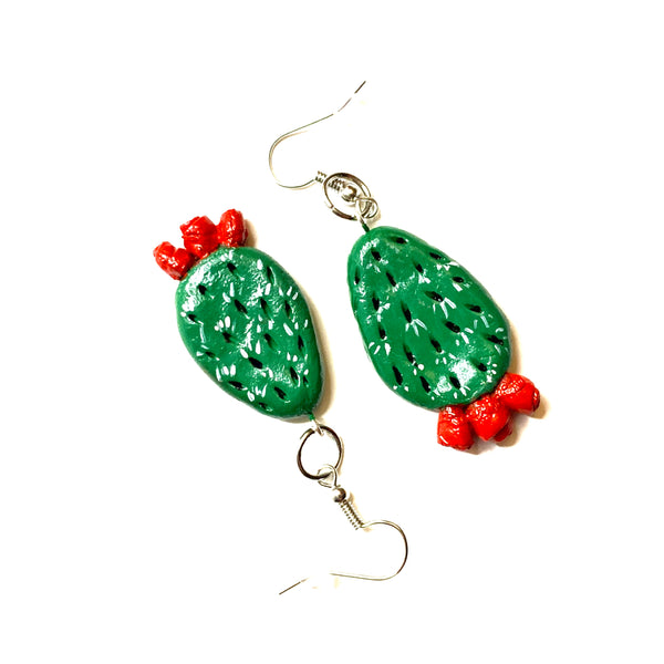 cactus earrings, clay cactus earrings, clay jewelry, mexican jewelry, mexico folk art, nopal aretes, carved handmade jewelry