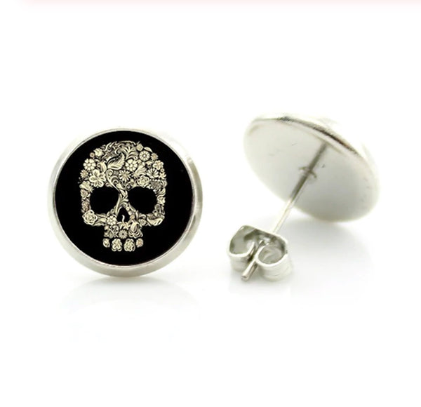 Flowered-Skull Cabochon Earrings- Day of the Dead