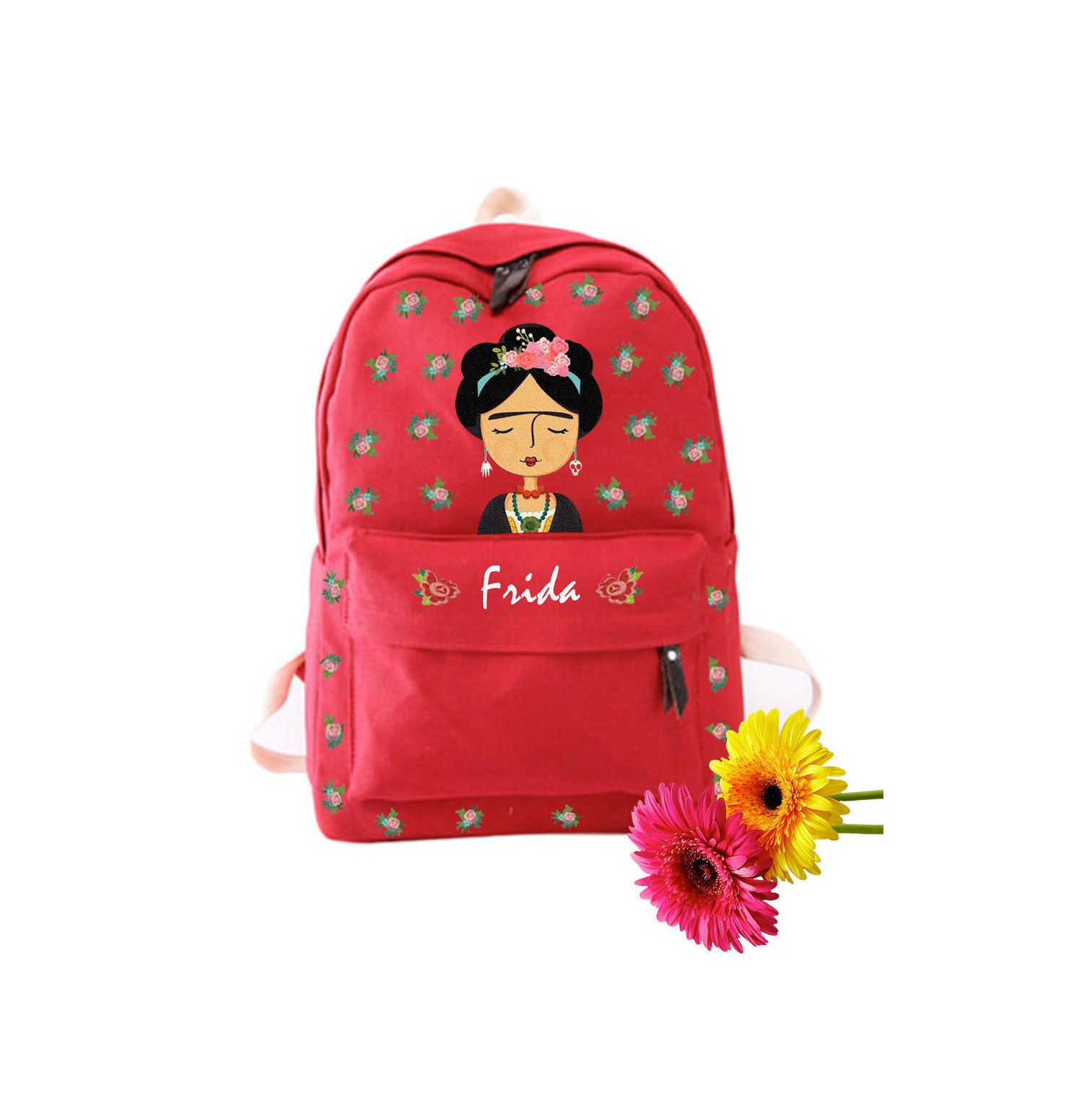 Frida bags. Frida kahlo hand painted red or pink personalized backpack. Little Frida portrait and flowers by Fridamanics jewelry and accesories