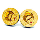 Frida earrings: Hand painted Bamboo stud Frida Kahlo earrings. Yellow florwers. Mexican jewelry inspired by Fridamaniacs for fridalovers. Girls gift idea for Birthday