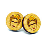 Frida earrings: Hand painted Bamboo stud Frida Kahlo earrings. Yellow florwers. Mexican jewelry inspired by Fridamaniacs for fridalovers. Girls gift idea for Birthday
