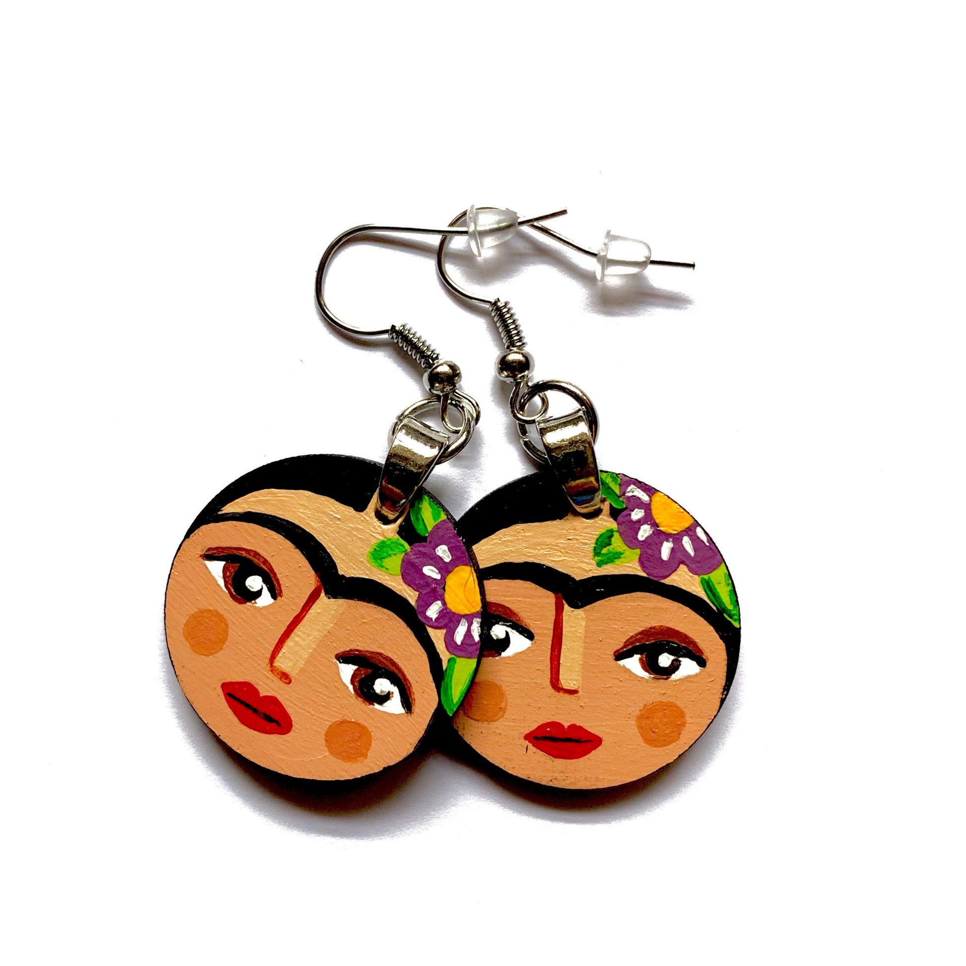 Frida Earrings. Frida Kahlo handmade and hand painted drop and dangle earrings. Round-Circle wood earrings. Mexican jewelry by Fridamaniacs. Mexico folk art