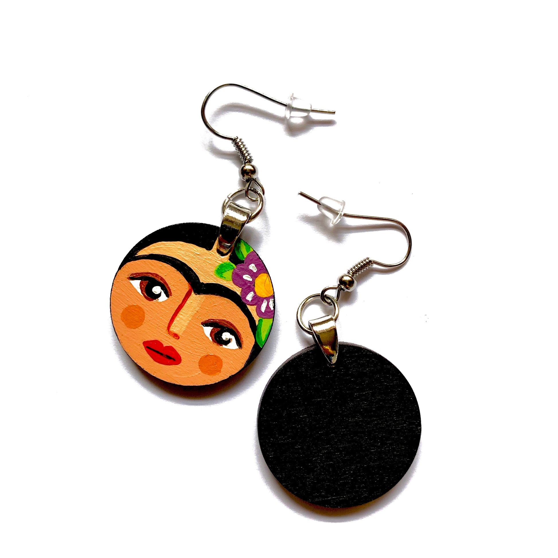 Frida Earrings. Frida Kahlo handmade and hand painted drop and dangle earrings. Round-Circle wood earrings. Mexican jewelry by Fridamaniacs. Mexico folk art