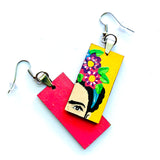 Frida Earrings: Hand Painted Frida Kahlo inspired wooden droop and dangle earrings. Floral Mexican earrings. Art to Wear Mexico folk art. Women and girls birthday gift idea. Summer and spring fashion for fridalovers by fridamaniacs