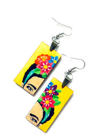 Frida Earrings: Hand Painted Frida Kahlo inspired wooden droop and dangle earrings. Floral Mexican earrings. Art to Wear Mexico folk art. Women and girls birthday gift idea. Summer and spring fashion for fridalovers by fridamaniacs
