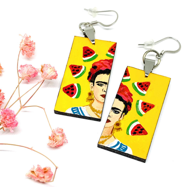 Frida Earrings: Hand Painted Frida Kahlo inspired drop and dangle wooden earrings. Mexican jewelry inspired. Mexico Folk Art to Wear. Women and Girls birthday anniversary gift idea