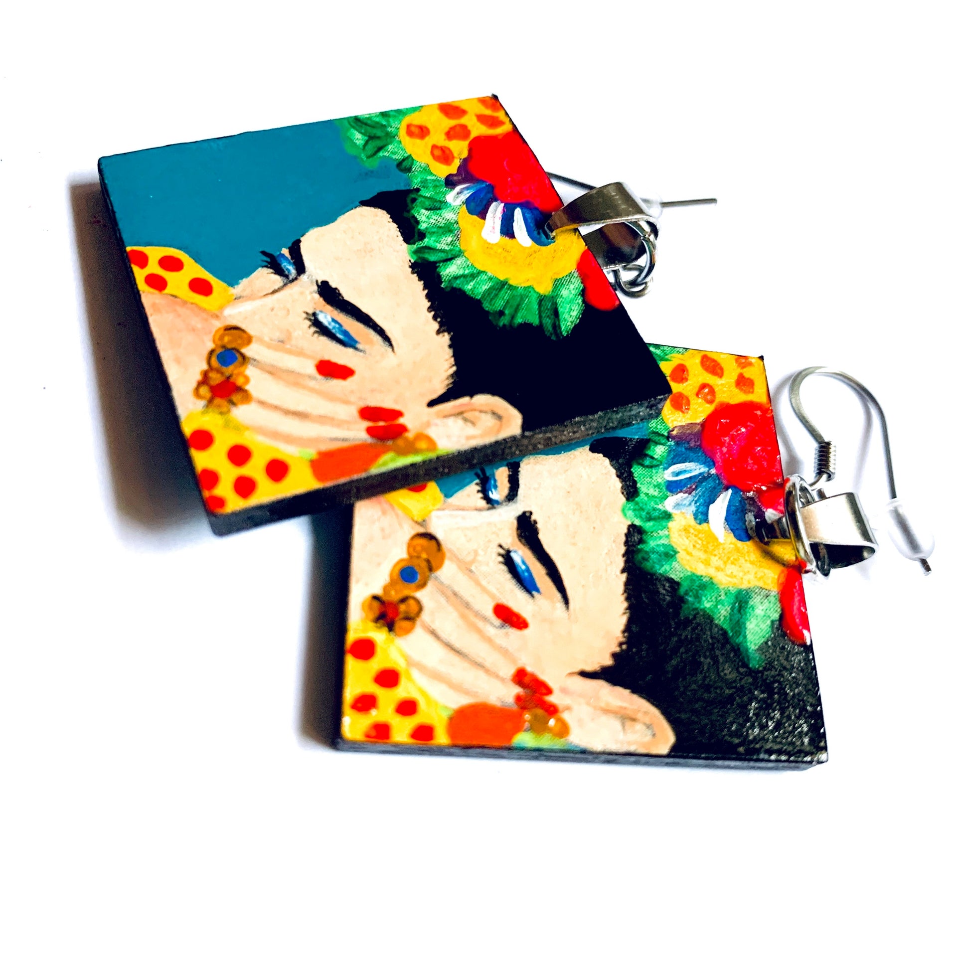 Frida Earrings: Hand Painted Frida Kahlo inspired drop and dangle wooden square earrings by Fridamaniacs for Fridalovers. Mexican jewelry Art to Wear. Women and Girls gift idea. Mexico Folk Art