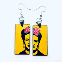 Frida earrings. Frida Kahlo hand painted earrings. Stencil art and pink roses. Wearable Art. Fridamaniacs Mexican jewelry and accessories