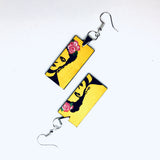 Frida earrings. Frida Kahlo hand painted earrings. Stencil art and pink roses. Wearable Art. Fridamaniacs Mexican jewelry and accessories