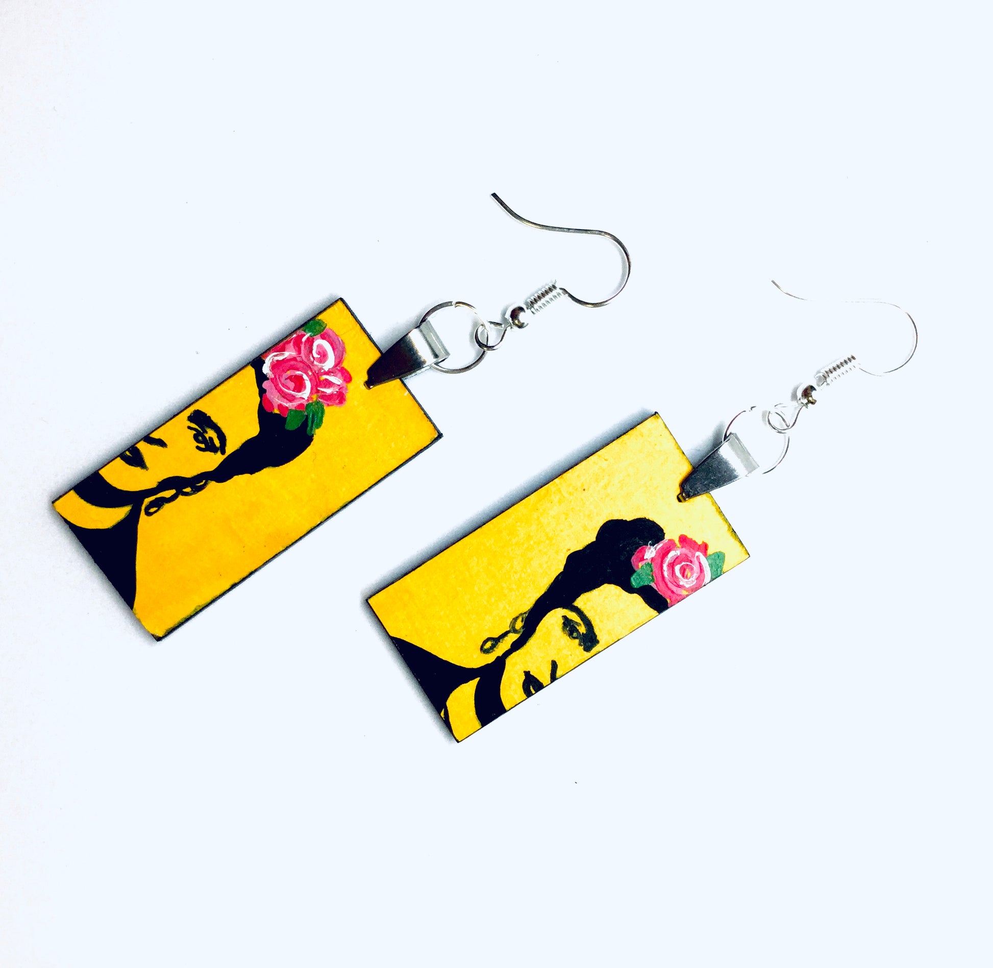 Frida earrings. Frida Kahlo hand painted earrings. Stencil art and pink roses. Wearable Art. Fridamaniacs Mexican jewelry and accessories