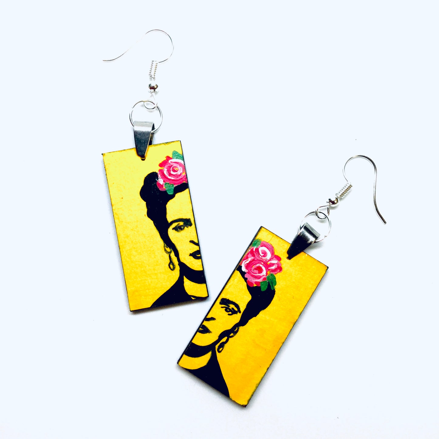 Frida earrings. Frida Kahlo hand painted earrings. Stencil art and pink roses. Wearable Art. Fridamaniacs Mexican jewelry and accessories