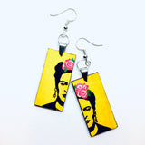 Frida earrings. Frida Kahlo hand painted earrings. Stencil art and pink roses. Wearable Art. Fridamaniacs Mexican jewelry and accessories