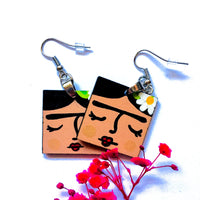 Frida Earrings: Hand Painted Frida Kahlo Wooden Drop and Dangle Earrings by Fridamaniacs for Fridalovers. Mexican jewelry Art to wear. Girls Birthday gift idea