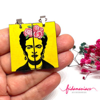 Frida Kahlo Earrings: Hand Painted Frida inspired jewelry accessory. Asymmetric Rectangle Wood Earrings. Mexican Jewelry. Mexico Folk Art. Women Girls Gift idea. Christmast Present for Frida Fans, Fridamania, Fridalovers, and Fridamaniacs.