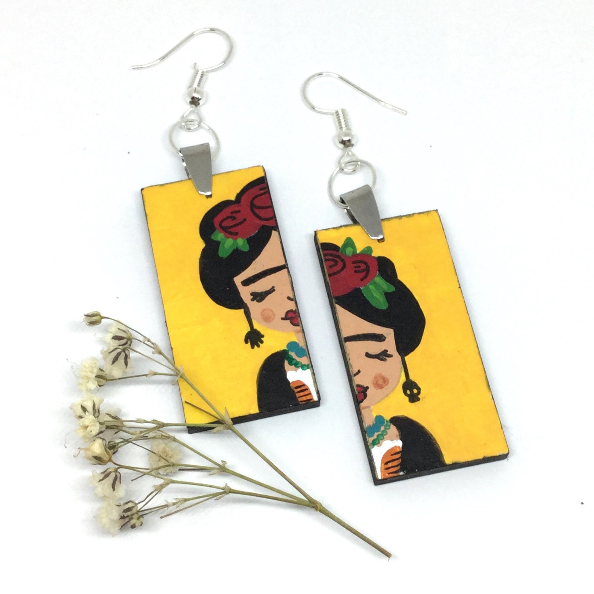Frida Earrings hand painted yellow and red roses. Mexican jewelry. Frida Kahlo inspired Wearable Art for girls. Cute birthday gift idea