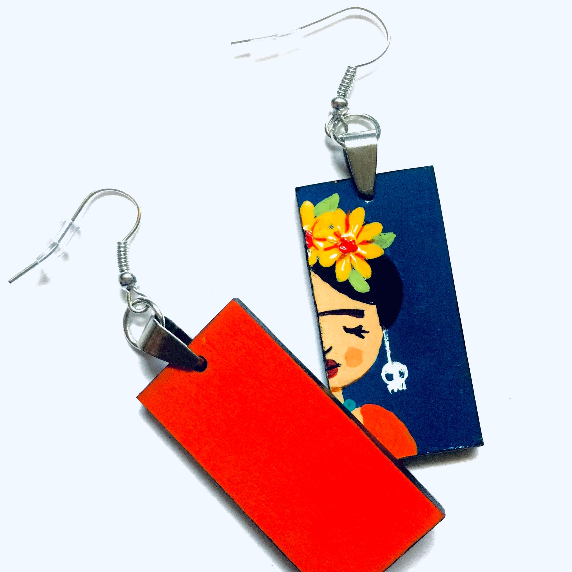 Frida Earrings: Hand painted Frida Kahlo earrings made of wood. Mexican jewelry. Acrylic blue indigo, orange, and yellow flowers. Girl gift idea. Trendy fashion. Aretes pintados a mano. Mexico folk art to wear-wearable art. Women and girls birthday gift idea