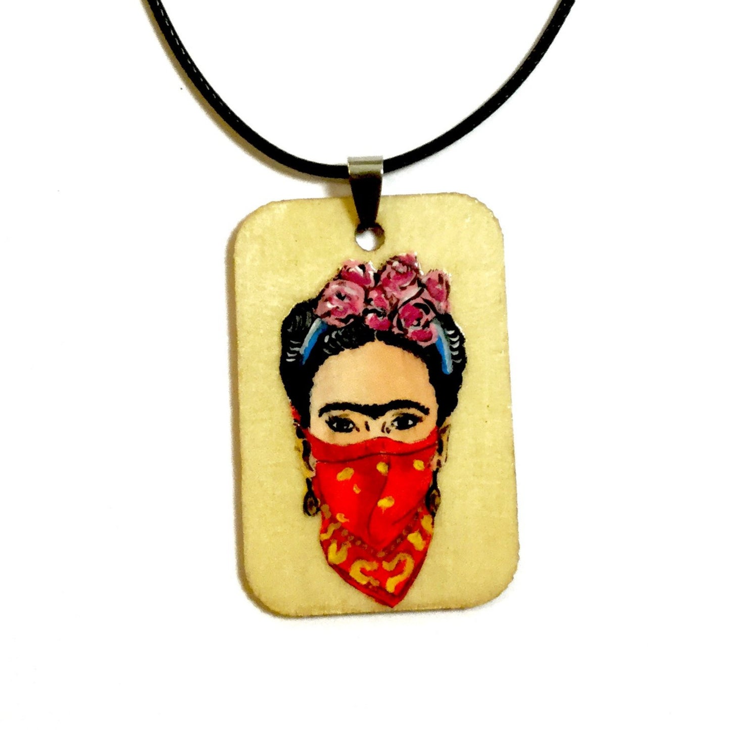 Frida Kahlo hand painted and handmade wood necklace pendant with a feminist fashion style. Mexican Jewelry. Collar pintado a mano inspirado en Mexico Frida painter para mujer