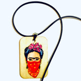 Frida Kahlo hand painted and handmade wood necklace pendant with a feminist fashion style. Mexican Jewelry. Collar pintado a mano inspirado en Mexico Frida painter para mujer