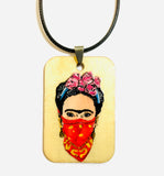 Frida Kahlo hand painted and handmade wood necklace pendant with a feminist fashion style. Mexican Jewelry. Collar pintado a mano inspirado en Mexico Frida painter para mujer