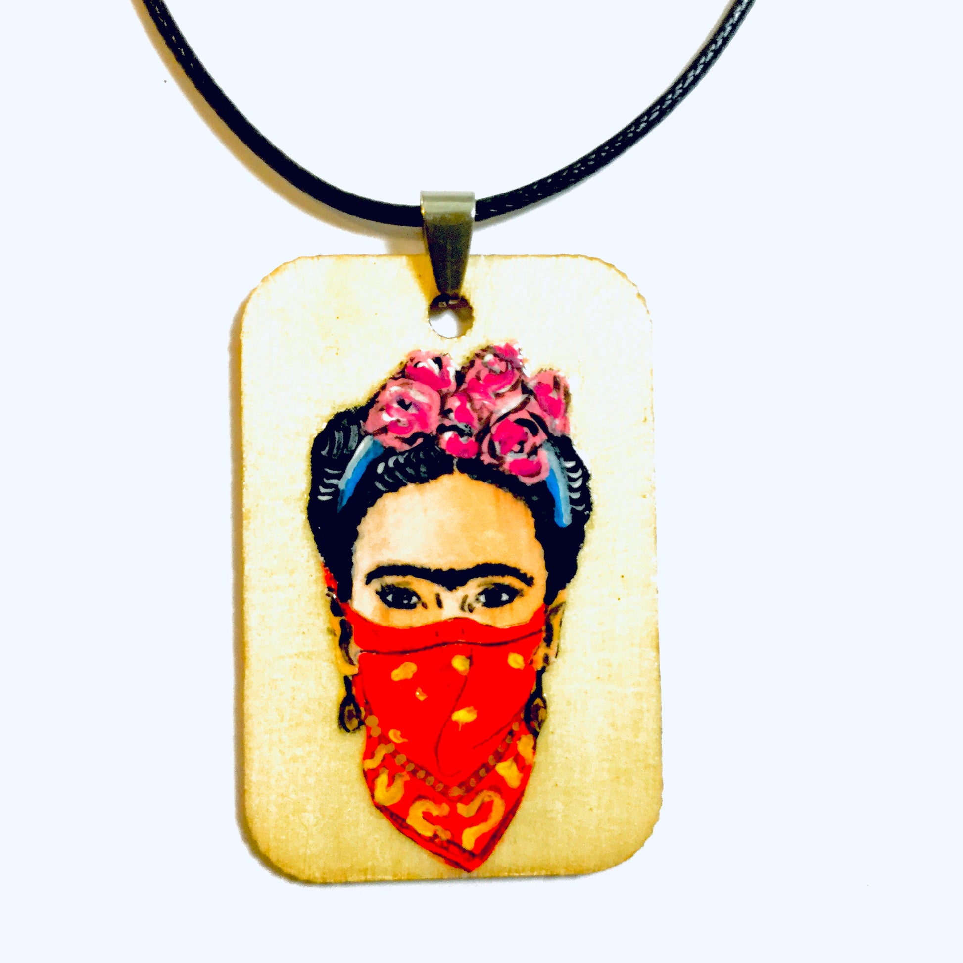 Frida Kahlo hand painted and handmade wood necklace pendant with a feminist fashion style. Mexican Jewelry. Collar pintado a mano inspirado en Mexico Frida painter para mujer