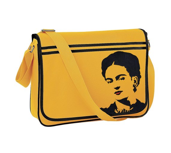 Frida Kahlo stencil art portrait hand painted over a yellow retro style messenger bag. Yellow, black and red. Shoulder bag for fridamaniacs and fridalovers. 