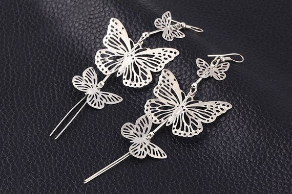 Long drop Frida kahlo inspired butterfly silver earrings