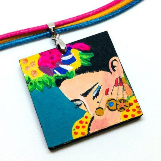hand painted frida kahlo colorful necklace. Artwear. Mexican Jewelry