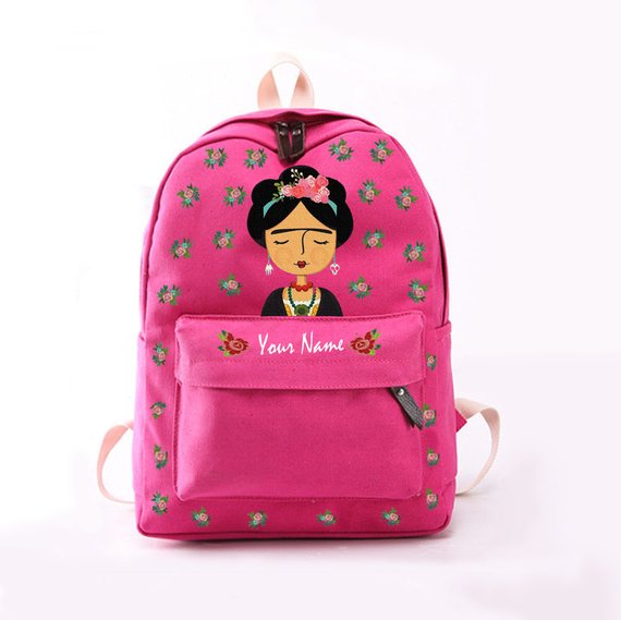 Frida Kahlo bag for girl. Personalized gift idea. Hand painted over a rosa Mexicano pink with roses and flowers.