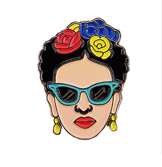 Frida Kahlo Enamel Pin with Flowers and sunglasses. colorful summer fashion accessorie for girls. Frida pin. Fridamaniacs Fridalovers gift idea. outdoor fun adventures with family and friends.